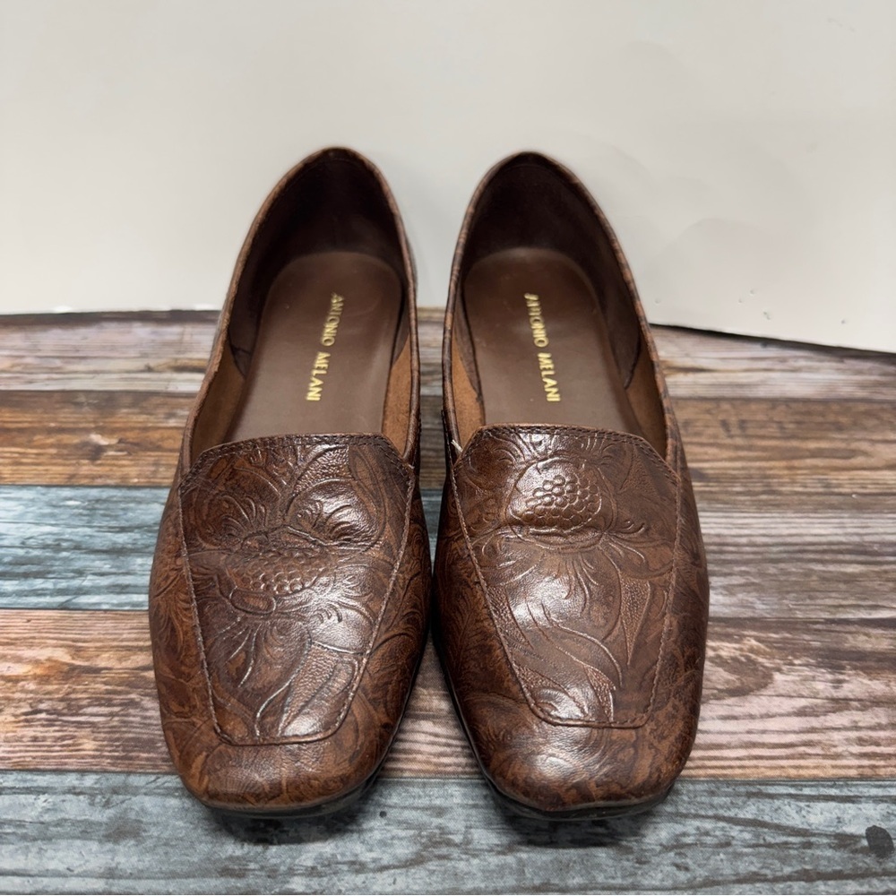 Antonio Melani Brown Floral-Embossed Leather Loafers